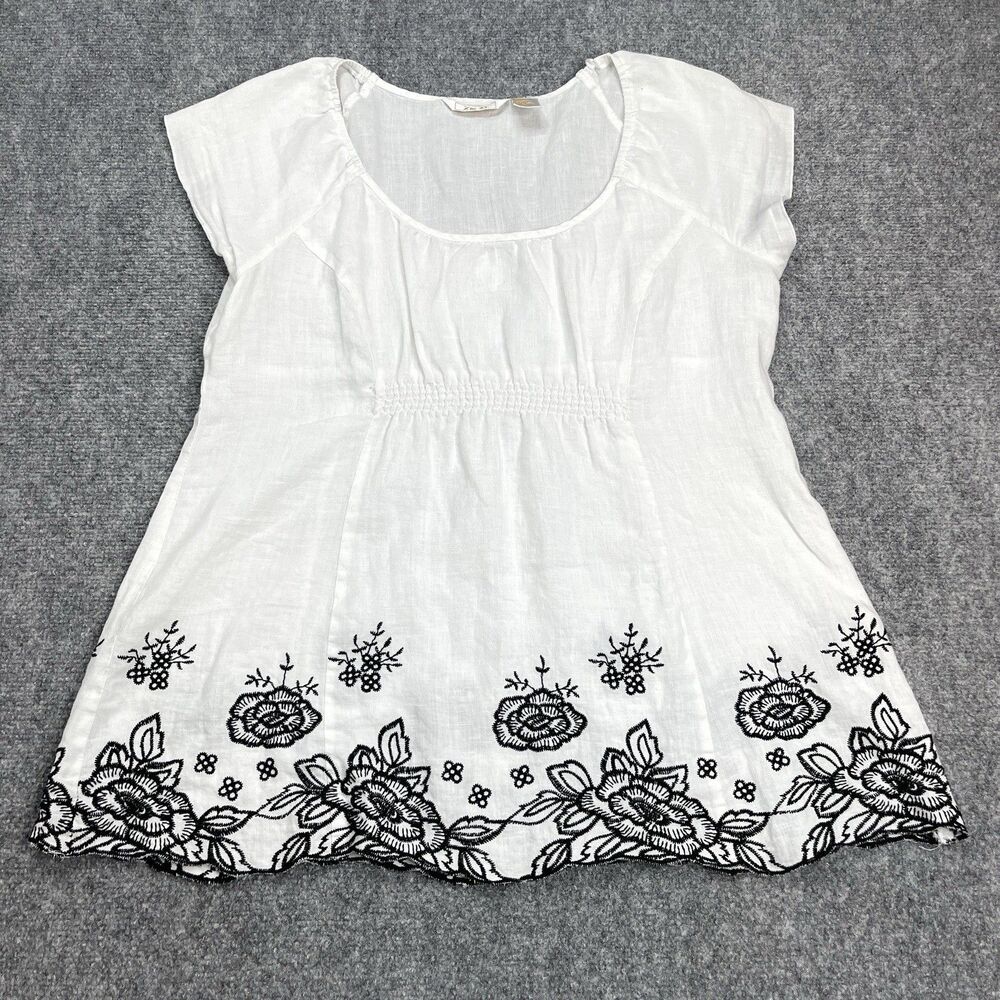 Zoe D Linen Top Womens Size Large Embroidered Hem Cap Sleeve Smocked